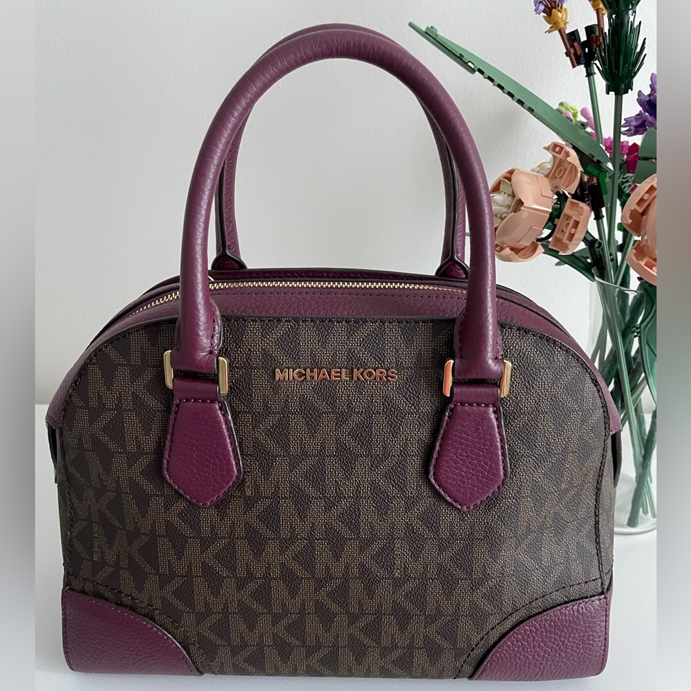 NWT Michael Kors Hattie Bowling Bag in Signature Brown/Plum